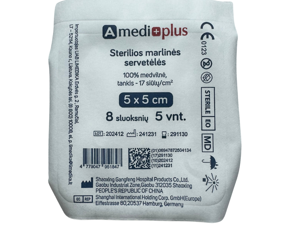 AMEDIPLUS, servetėlės sterilios marlinės 5x5cm, 8 sluoksnių N5